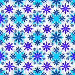 Seamless winter pattern with light blue and dark blue snowflakes on a white background. Pattern for gift paper, christmas textiles. Merry Christmas and Happy New Year!