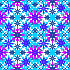 Seamless winter pattern with light blue, purple and dark blue snowflakes on a white background. Pattern for gift paper, christmas textiles. Christmas time