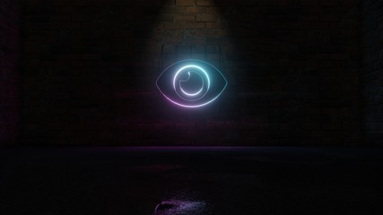 3D rendering of blue violet neon symbol of eye icon on brick wall