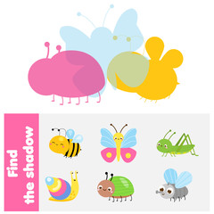 Shadow matching game. Find silhouettes of insects. Educational kids activity.