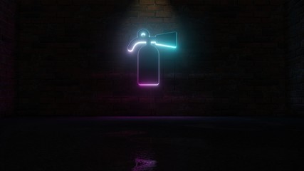Obraz premium 3D rendering of blue violet neon symbol of fire extinguisher icon on brick wall
