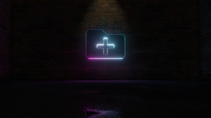 3D rendering of blue violet neon symbol of folder plus icon on brick wall