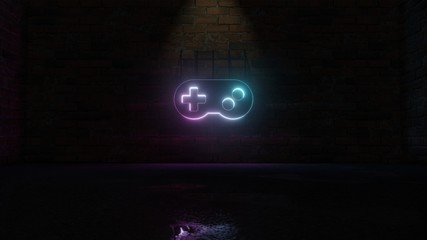 3D rendering of blue violet neon symbol of gamepad icon on brick wall © Destrosvet