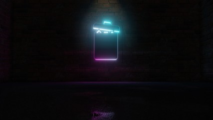 3D rendering of blue violet neon symbol of garbage icon on brick wall