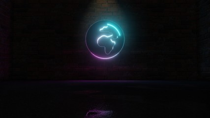 3D rendering of blue violet neon symbol of globe Africa icon on brick wall
