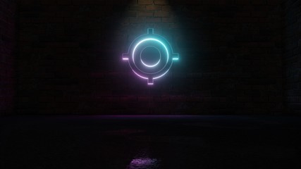 3D rendering of blue violet neon symbol of gps fixed indicator icon on brick wall