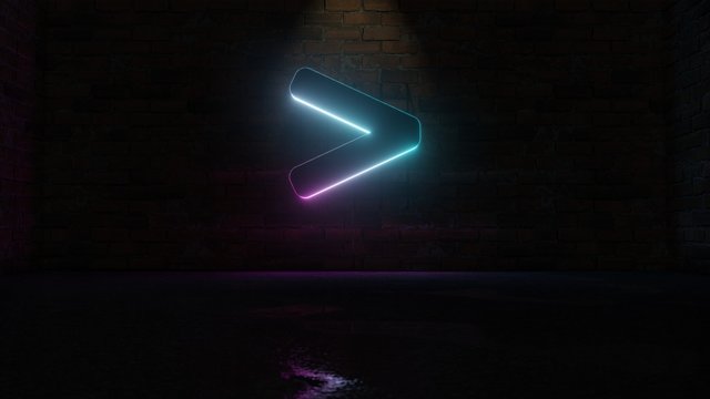 3D rendering of blue violet neon symbol of greater than icon on brick wall