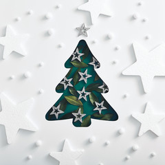 Christmas tree with green leaf. White star and snowfall frame
