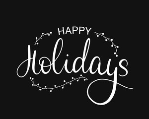Text Happy Holidays for greeting card, flyer, poster logo with text lettering, light rays of burst. Monochrome, vintage lettering and calligraphy design. Vector illustration. Black background.