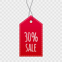 30% shopping tag for sale. Vector isolated icon on transparent background. Sign for label, price, best offer, advertisement
