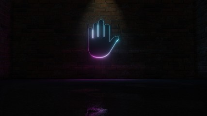 Obraz premium 3D rendering of blue violet neon symbol of hold icon on brick wall