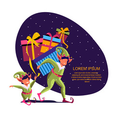 Cosy Xmas. Funny Christmas elves helping Santa Claus delivering Gifts for people to bring happiness Warm Celebratory bright picture Greeting