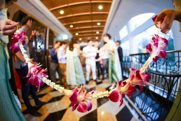 Barring the Groom from Approaching the Bride to the marriage culture in Thailand. soft and blur style for background.,Thai wedding ceremony