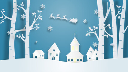 Christmas celebration banner in paper cut style. Digital craft paper art.