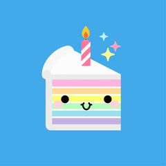 Slice birthday cake with candle. In kawaii style with smiling face and pink cheeks. For sweet design. Vector illustration.