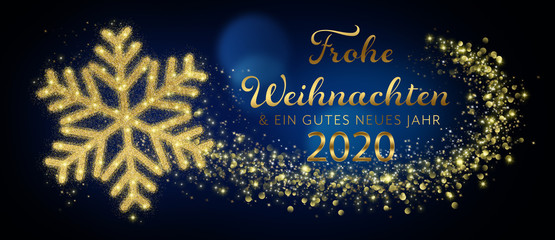 Fototapeta na wymiar German Merry Christmas And Happy New Year 2020 Card With Golden Snowflake In Abstract Blue Night