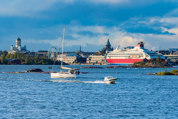 Helsinki. Finland. Cathedral of St. Nicholas. Helsinki Cathedral Tourist ferry off the coast of Finland. Cruise to Finland. Sea tour in Europe. Assumption Cathedral. Panorama. Sightseeing tour.