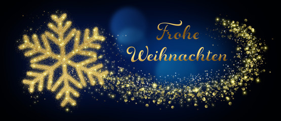 German Merry Christmas Card With Golden Snowflake In Abstract Blue Night