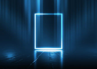 Empty background scene. Dark street reflection on wet asphalt. Rays of neon light in the dark, neon figures, smoke. Background of empty stage show. Abstract dark background.