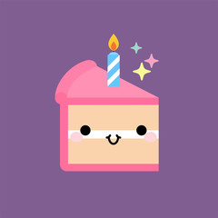Slice birthday cake with candle. In kawaii style with smiling face and pink cheeks. For sweet design. Vector illustration.