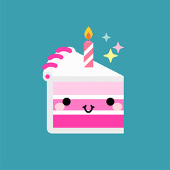 Slice birthday cake with candle. In kawaii style with smiling face and pink cheeks. For sweet design. Vector illustration.