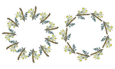 Set of cute decorative wreaths of simple yellow and blue flowers and green leaves in doodle style. Ornament. Stock vector illustration.