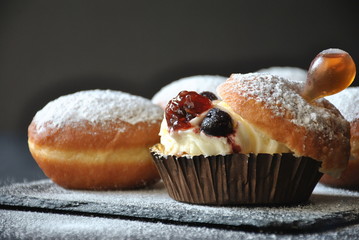 Hannukah celebration concept. Tasty donuts