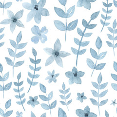 Indigo vintage monochrome seamless pattern. Watercolor hand drawn seamless pattern with indigo leaves and flowers. Textile, fabric, cover design.