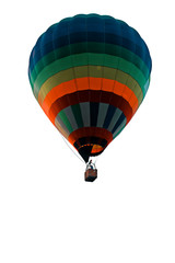 Naklejka premium Man in basket of hot air balloon isolated on white. Bottom view of aerostat. Burner heating gas and inflating hot air balloon. Transport for best vacation. Romantic journey