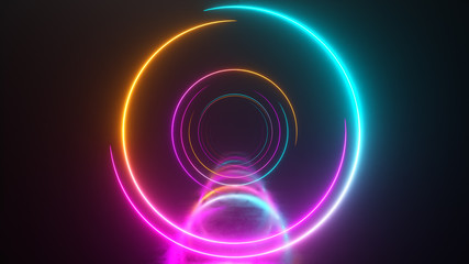 Infinity flight inside tunnel, neon light abstract background, round arcade, portal, rings, circles, virtual reality, modern light spectrum, laser show. 3d illustration