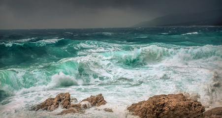 Stormy sea view  near coastline at evening time. Waves, splashed © Andrii IURLOV