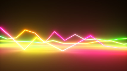 Fototapeta premium Colorful bright neon glowing graphic equalizer. Multicolored signal spectrum, laser show, energy, sound vibrations and waves. 3d illustration