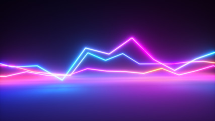 Bright colorful glowing neon lines. Abstract musical equalizer background, graph, diagram, drawing, curve, chart. Modern ultraviolet blue purple color cpectrum.3d illustration - obrazy, fototapety, plakaty