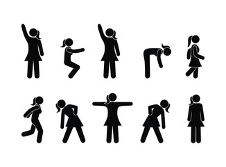 girl doing gymnastics, stick figure man icons, people pictogram isolated symbols