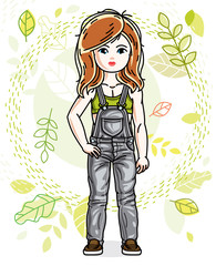 Cute little red-haired girl standing on background of spring landscape and wearing stylish casual clothes. Vector human illustration.