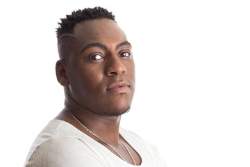 Obraz premium black brazilian man looking confident at camera with serious expression profile. Isolated on white background.