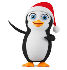 Penguin in a red cap indicates a blank space on a white background. 3d render illustration.