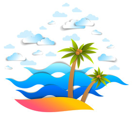 Fototapeta na wymiar Beach with palms, sea waves perfect seascape, clouds in the sky, summer beach holidays theme paper cut style vector illustration.