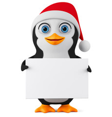 Penguin in a red hat with a blank board on a white background. 3d rendering. Christmas illustration.