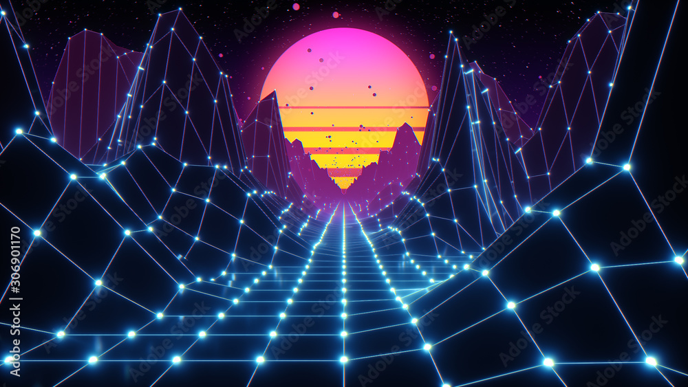 Wall mural retro futuristic flight in space with a polygonal mesh on the generated hills and floor. concept 80s