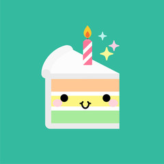 Slice birthday cake with candle. In kawaii style with smiling face and pink cheeks. For sweet design. Vector illustration.
