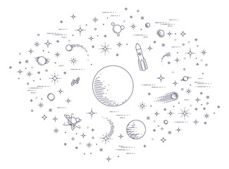 Fantastic galaxy with unknown weird undiscovered planets with stars, rockets and other elements. Explore universe, breathtaking science fiction. Thin line 3d vector illustration isolated.