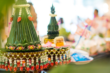 Engagement bowl for Thai engagement ceremony. bride price set, made from banana leaf and garland in thai wedding ceremony for contain wedding ring and flower, 