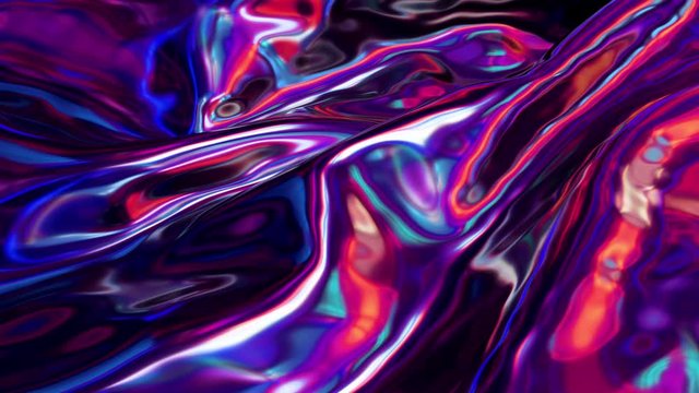 Abstract 3D Oil Liquid Holographic Cloth Simulation with Waves and Nice Neon Reflection. 4k Render Background Footage. 