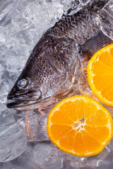 Fresh sea bass fish on ice on a black stone table top view