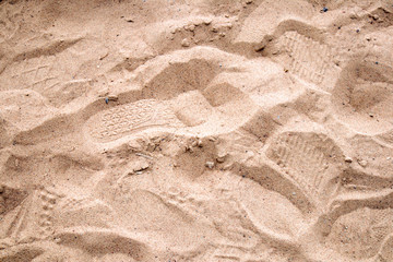 Sunlit sandy sea shore trampled by human footprints, may be used as background or texture