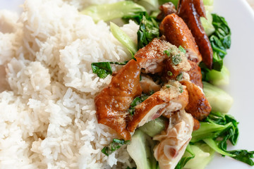 top view fast food of steamed chicken with vegetable and rice