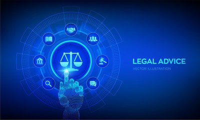 Obraz premium Labor law, Lawyer, Attorney at law, Legal advice concept on virtual screen. Internet law and cyberlaw as digital legal services or online lawyer advice. Robotic hand touching digital interface. Vector