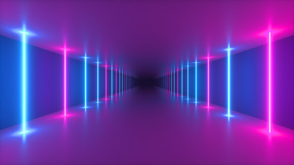 Abstract seamless looped 3d illustration of a flight in a futuristic corridor, luminous light tubes, lasers and lines. Modern colorful light spectrum