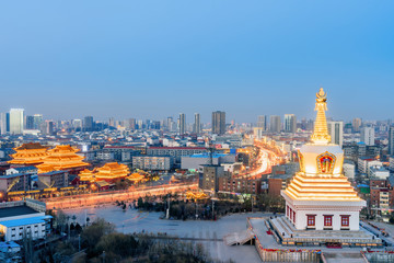 Night view of Guanyin Temple and Baoerhan Stupa in Hohhot, Inner Mongolia